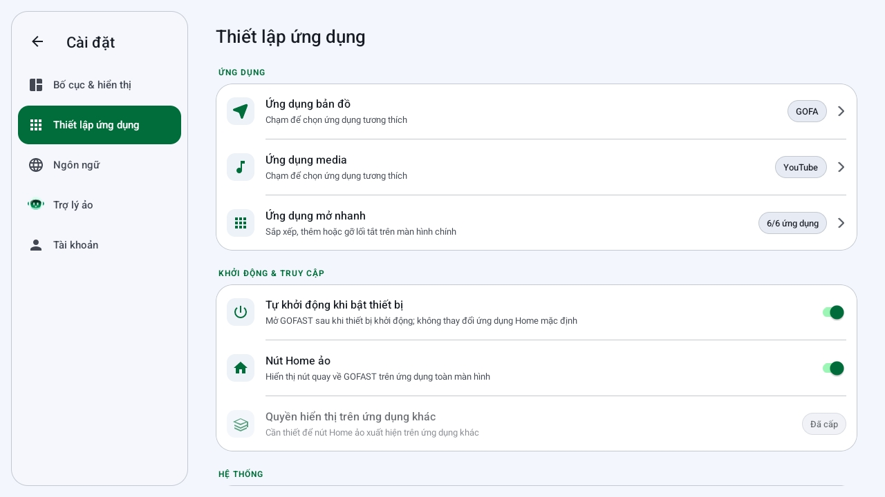 Thiết lập ứng dụng bản đồ, media và mở nhanh trên GOFAST